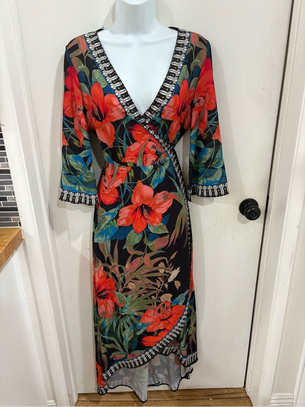 Jealous Tomato Black Midi bohemian Wrap Dress with Red Floral Print